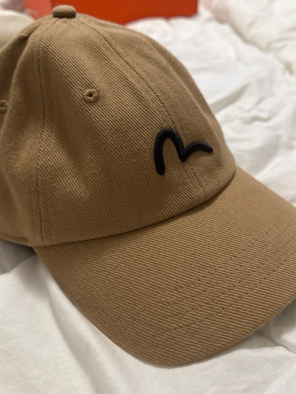 Evisu Tan Cotton Cap with Red Logo Patch